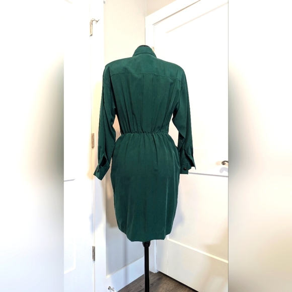 Vintage Gillian silk dress sz 6 green button down hourglass shape collar pockets - Picture 4 of 8